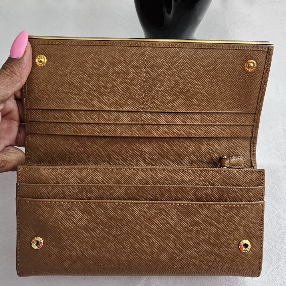 Prada Saffiano Gold Hardware Trim Double Snap Long Wallet Brown - Picture 3 of 8